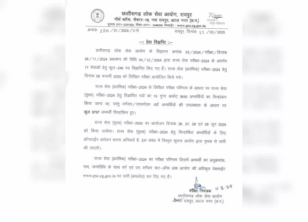 छत्तीसगढ़ लोक सेवा आयोग ने ‘प्रीलिम्स 2024’ का रिजल्ट जारी किया