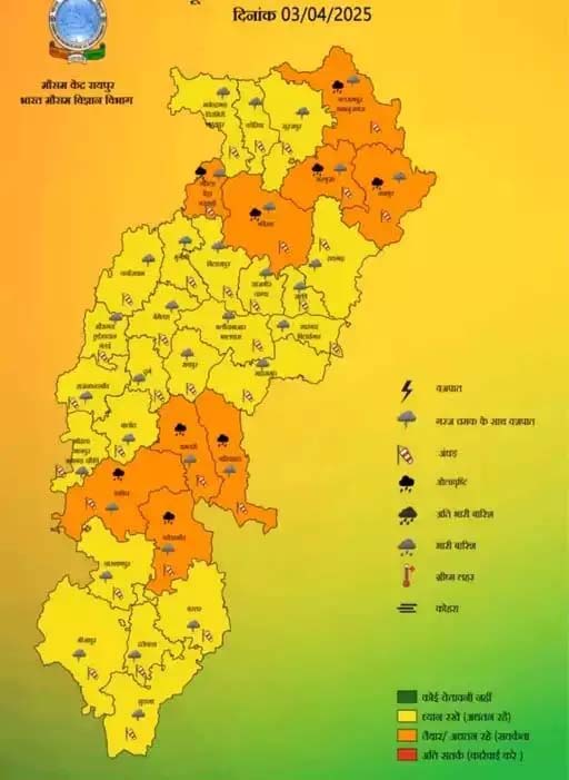 छत्तीसगढ़: 9 जिलों में बारिश के साथ ओले गिरने की चेतावनी, ऑरेंज अलर्ट जारी