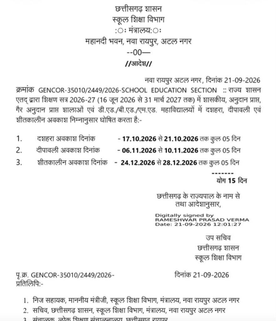ब्रेकिंग : दशहरा, दीपावली एवं शीतकालीन अवकाश का ऐलान, जानिए कितने दिन बंद रहेंगे स्कूल कॉलेज
