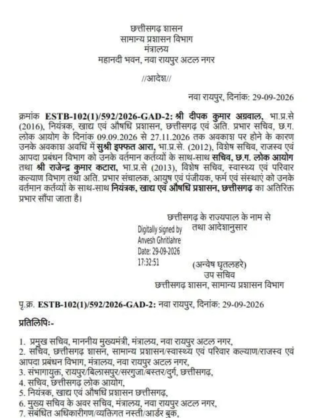 ब्रेकिंग : तीन आईएएस अधिकारियों को नई जिम्मेदारी, देखिए आदेश